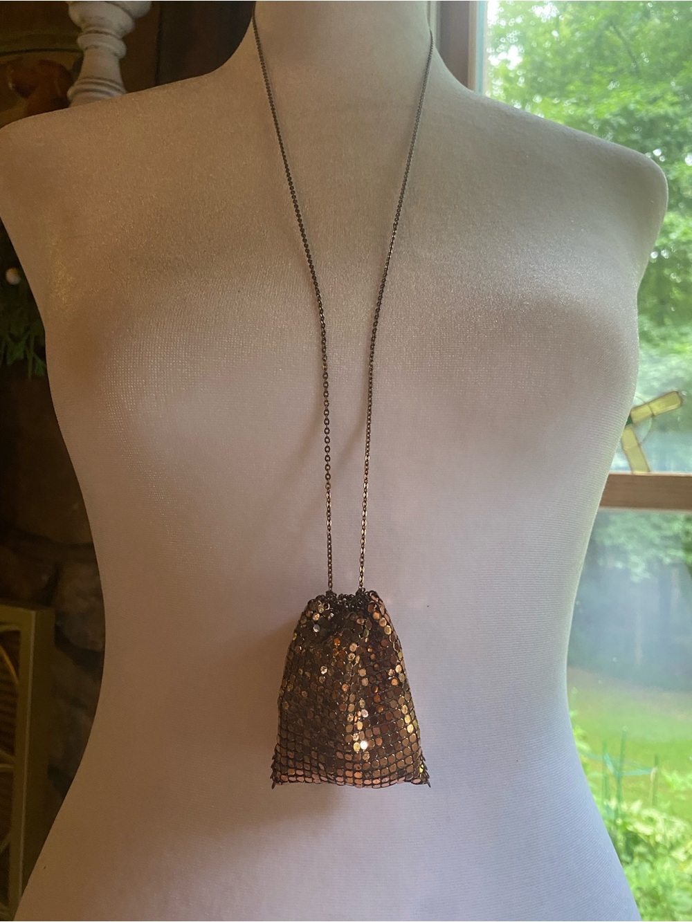 Vintage Copper Mesh Drawstring Pouch Necklace Boho Festival Secret Stash 32”